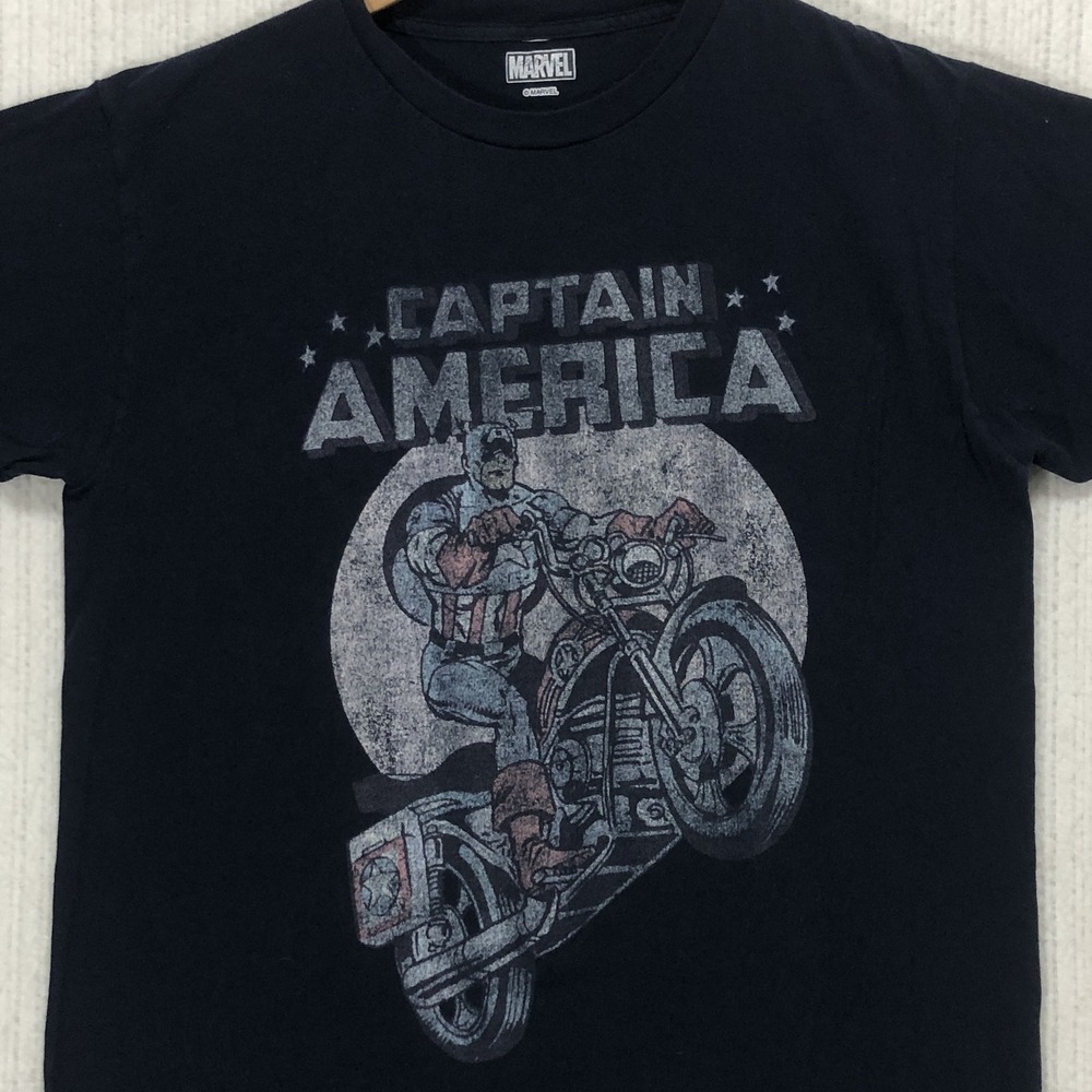Marvel Captain America Navy Blue Graphic T-Shirt Motorcycle Wheelie Distressed